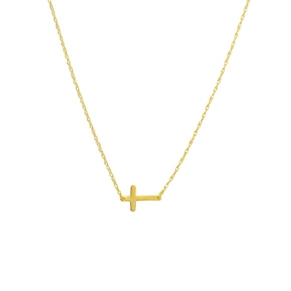 14K Solid Yellow Gold Mini Sideways Cross Necklace - Picture 2 of 7